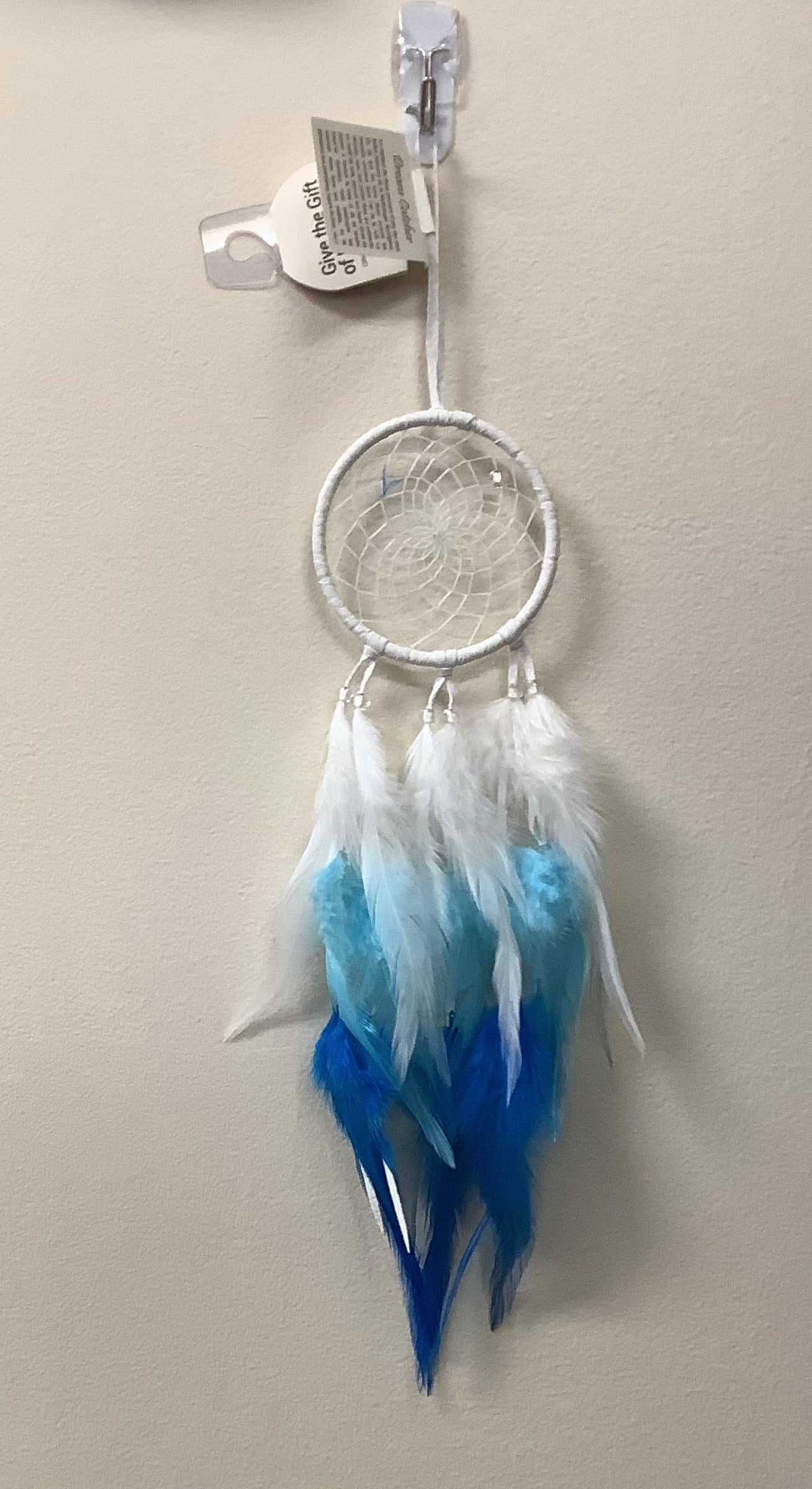 White Dreamcatcher 3” with Bead and Blue/White Feathers - Lighten Up Shop