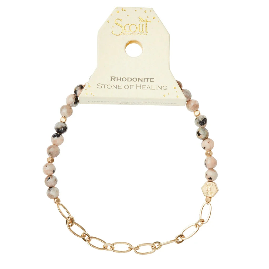 Mini Stone w/Chain Stacking Bracelet - Rhodonite