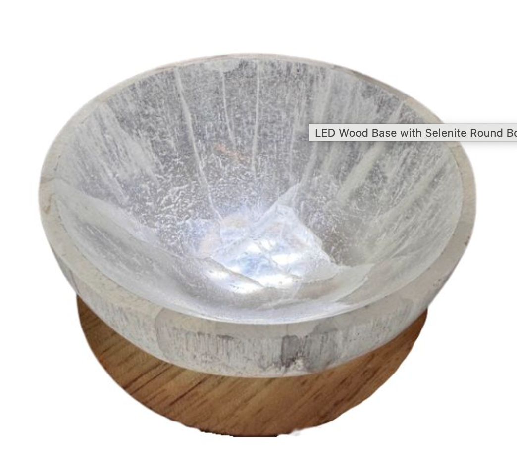 Selenite Round Dish on White LED Base