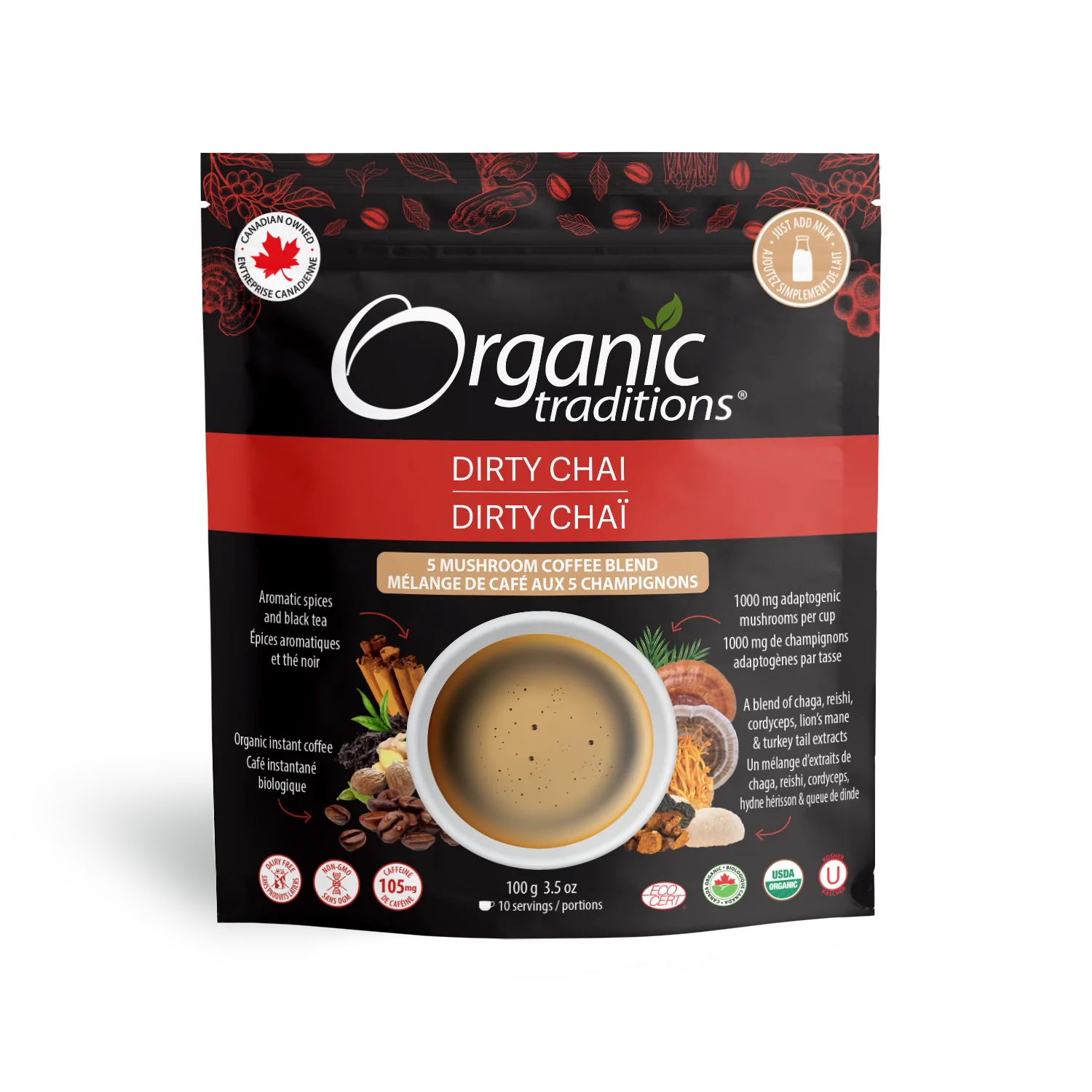 Organic Traditions Dirty Chai - 5 Mushroom Coffee Blend - Lighten Up Shop